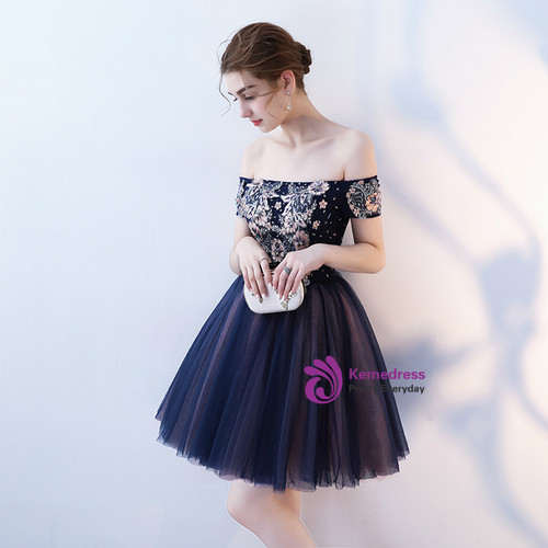 One Shoulder Navy Blue Tight Homecoming Dress with Short Sleeves c3353