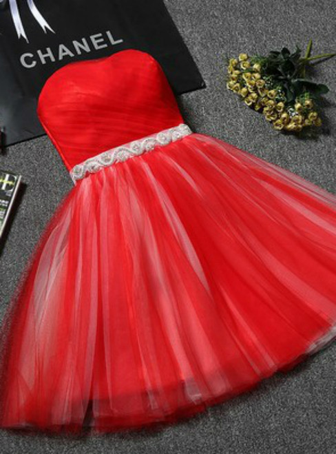 In Stock:Ship in 48 hours Red Tulle With Crystal Homecoming Dress
