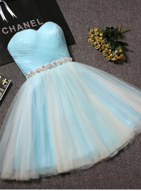In Stock:Ship in 48 hours Light Blue Tulle With Crystal Homecoming Dress