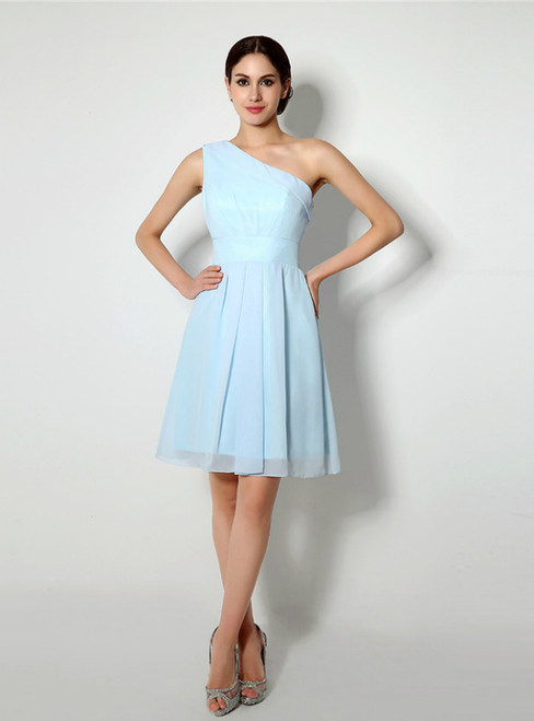 Light Blue One Shoulder Chiffon Knee Length Homecoming Dress