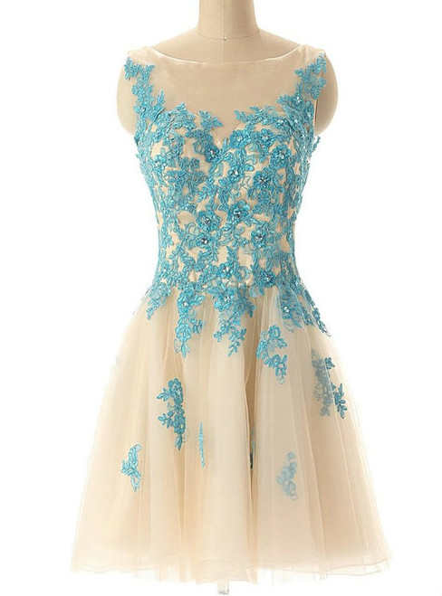 Boat Neck Champagne Tulle Prom Party Dress 