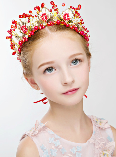 Children's Red Pearls Gold Leaves Accessories In Hairband