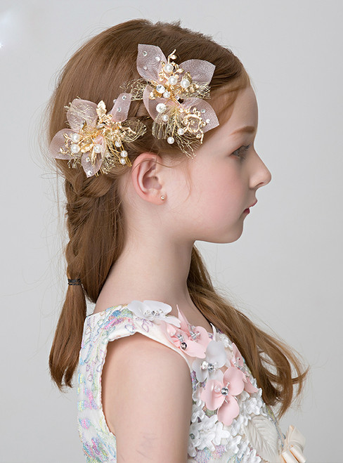 Girl Tiara Hairpin Golden 2 Piece Pearls Flower Hairpin