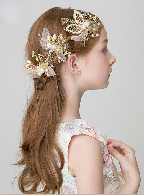 Girl Tiara Hairpin Golden 3 Piece Pearls Flower Hairpin