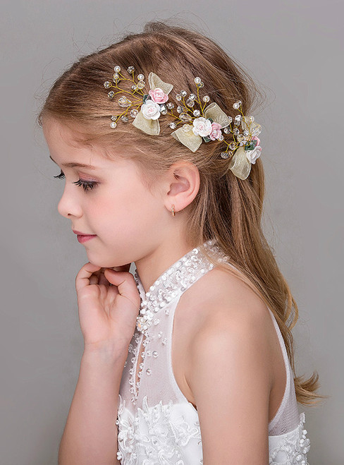 Girls Tiara Champagne Bow Crystal Flowers Girls Accessories