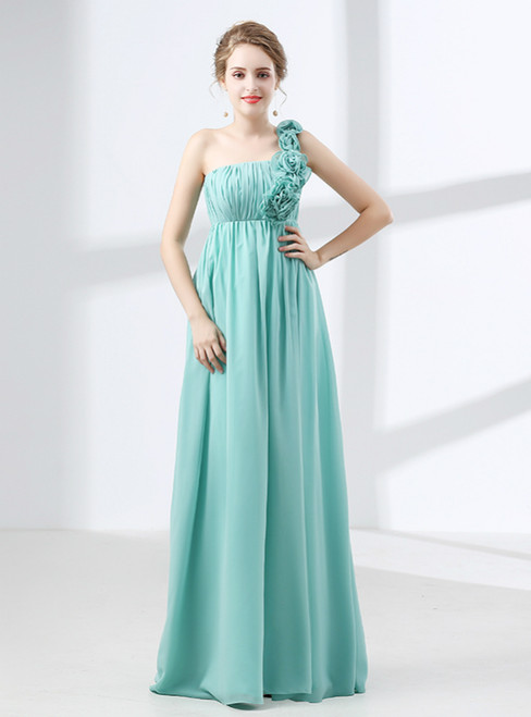 Blue One Shoulder Pleats Flower High Waist Bridesmaid Dress