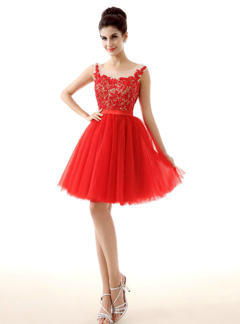 Red Tulle Lace Backless Knee Length Homecoming Dress