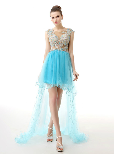 Blue Hi Lo Tulle Appliques Backless Cap Sleeve Homecoming Dress