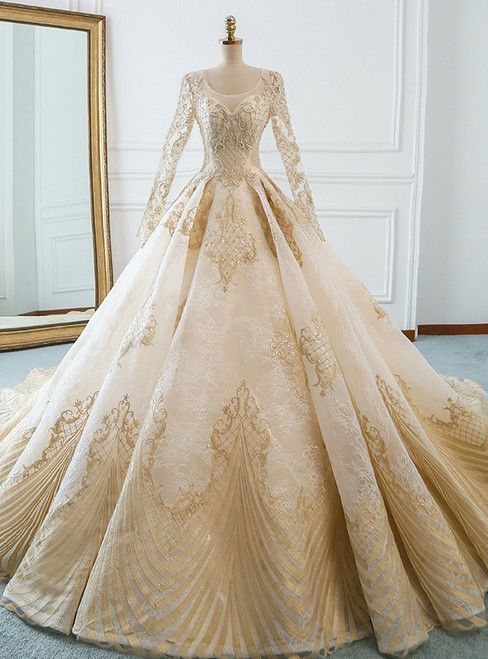 Champagne Tulle Gold Appliques Long Sleeve Wedding Dress