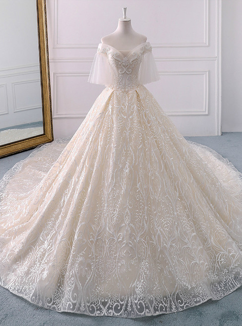 Ivory Ball Gown Tulle Off The Shoulder Long Train Wedding Dress