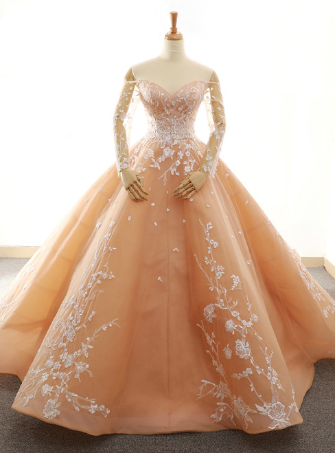 Champagne Ball Gown Off The Shoulder Sequins Long Wedding Dress