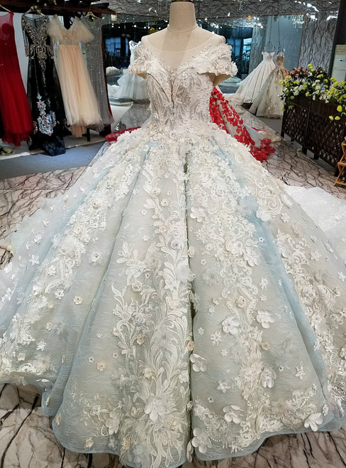 Blue Ball Gown Scoop Cap Sleeve Long Train Wedding Dress