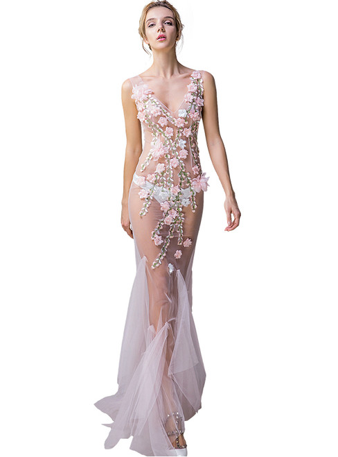 In Stock:Ship in 48 hours Pink Flower Allure See Through Prom Dress