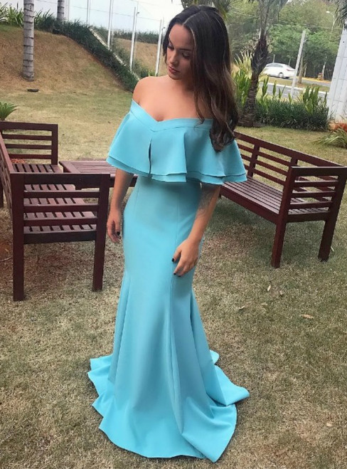 Blue Satin Off The Shoulder Mermaid Prom Dress With Flouncing