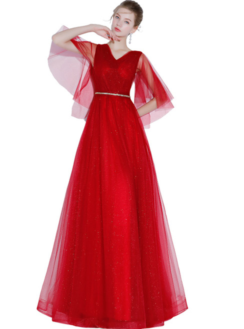 In Stock:Ship in 48 hours Red V-neck Tulle Floor Length Prom Dress