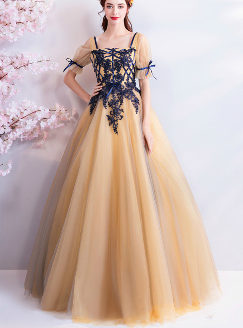 In Stock:Ship in 48 hours Yellow Tulle Short Sleeve Prom Dress