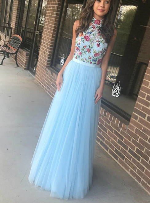A Line Light Blue Tulle High Neck Embroidery Prom Dresses