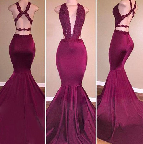 Gorgeous Mermaid V-neck Sleeveless Applique Tulle Prom Dresses