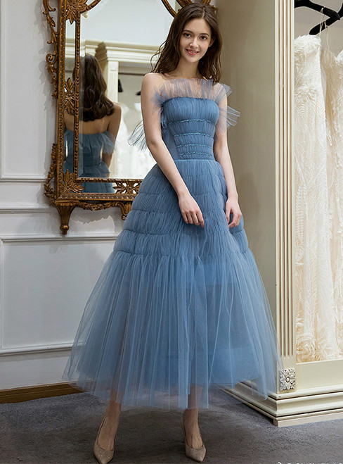 In Stock:Ship in 48 hours Blue Strapless Tulle Homecoming Dress