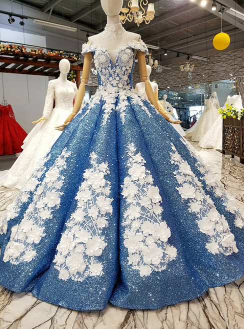 Blue Ball Gown Off The Shoulder Sequins Appliques Wedding Dress