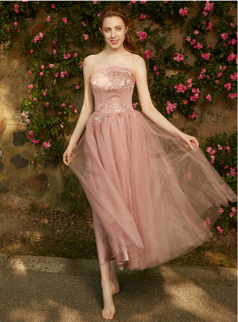 In Stock:Ship in 48 hour Pink Strapless Tulle Tea Length Bridesmaid Dress