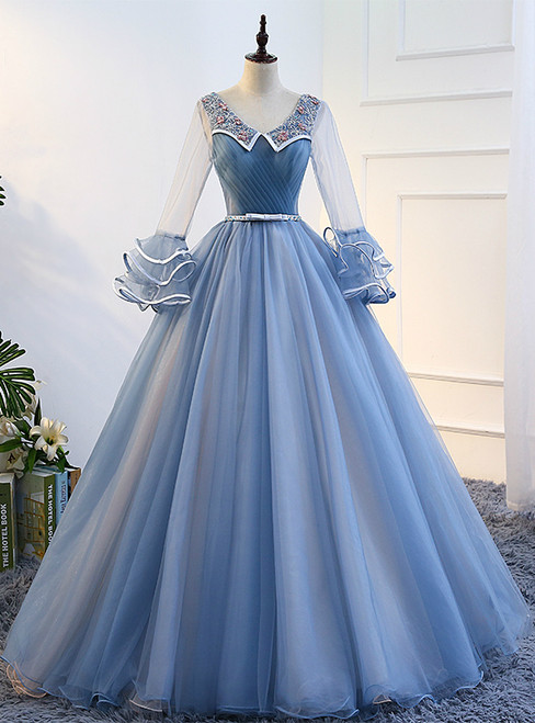 In Stock:Ship in 48 hours Blue Long Sleeve Tulle Quinceanera Dresses