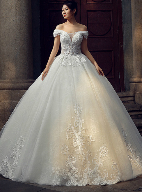 White Ball Gown Off The Shoulder Appliques Floor Length Wedding Dress