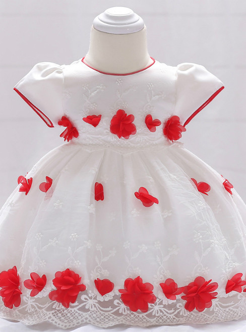 In Stock:Ship in 48 Hours White Lace Red Flower Little Girl Dress