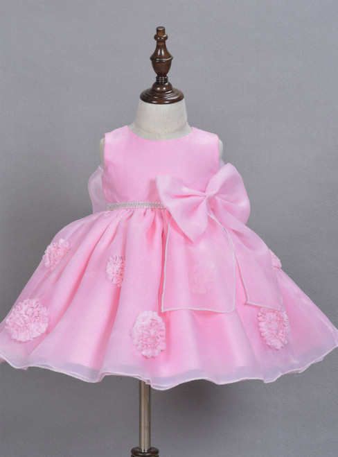 In Stock:Ship in 48 Hours Pink Organza With Bow Little Girl Dress