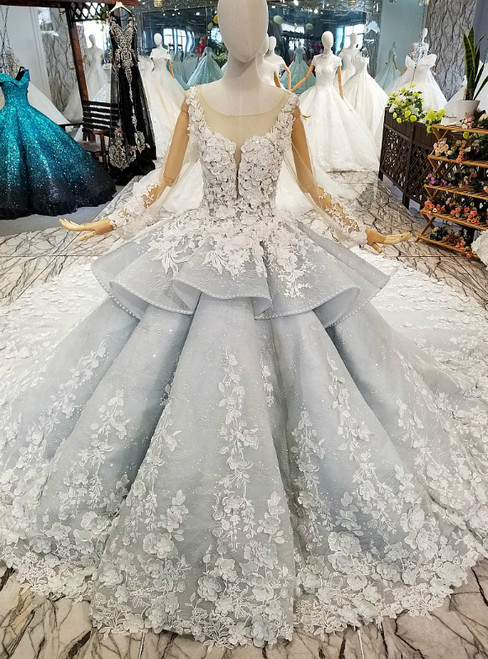 Blue Ball Gown Tulle Long Sleeve Appliques Flower Wedding Dress