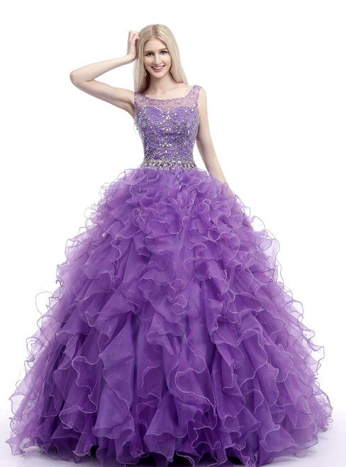 Purple Organza Ruffle Backless Floor Length Beading Wedding Dress