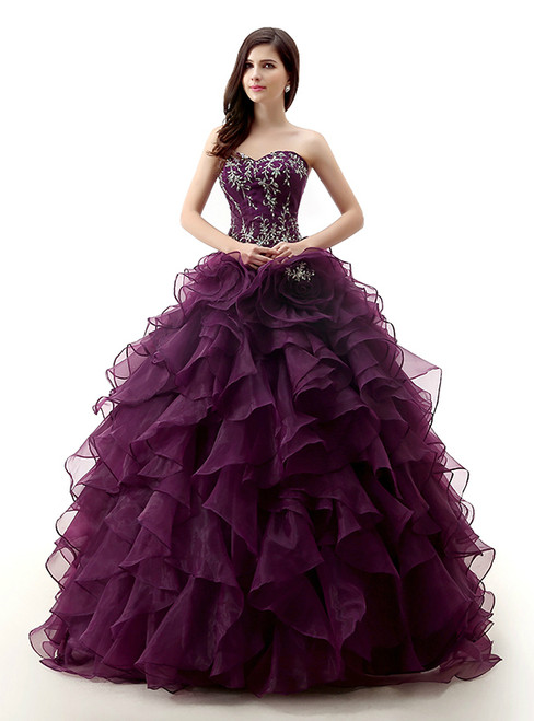 Purple Ball Gown Sweetheart Organza Sequins Quinceanera Dresses