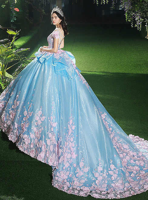 Blue Ball Gown Tulle Appliques Backless Hand Made Flower Wedding Dress