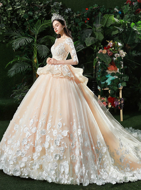 Champagne Ball Gown Tulle Appliques Long Sleeve Backless Wedding Dress