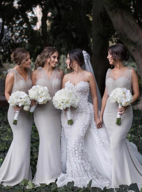 Gray Mermaid Sheer Tulle Sweep Train Bridesmaid Dresses