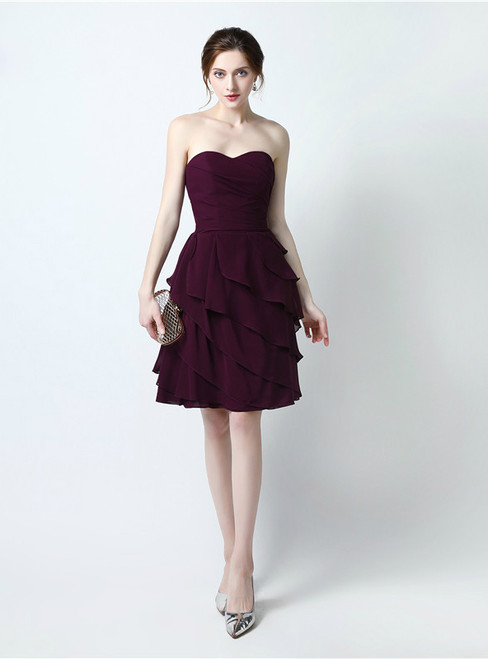 A-Line Burgundy Chiffon Sweetheart Knee Length Bridesmaid Dress