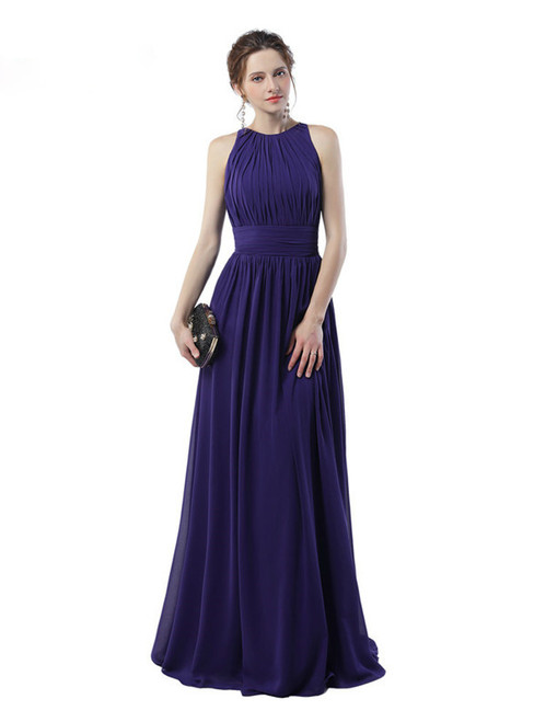 Purple Chiffon Halter Floor Length With Pleats Bridesmaid Dress
