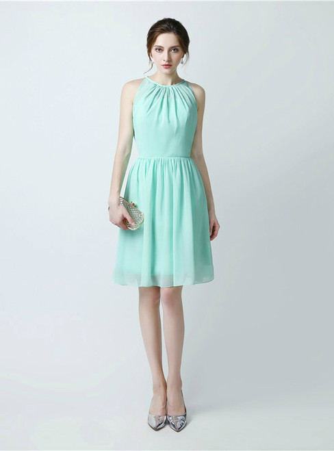 A-Line Green Chiffon Halter Knee Length Bridesmaid Dress