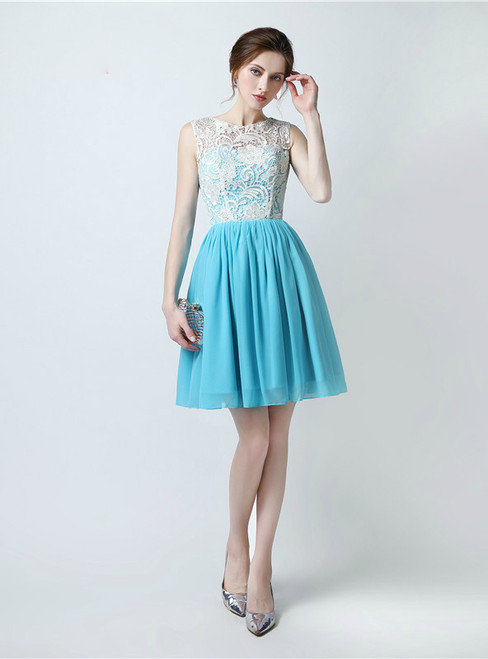 A-Line Blue Chiffon Lace Knee Length Bridesmaid Dress