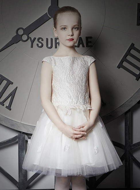In Stock:Ship in 48 Hours Beige White Tulle Lace Flower Girl Dress