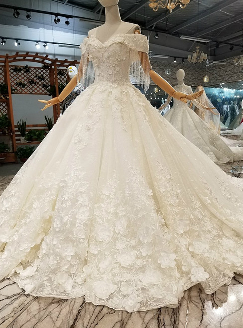 White Ball Gown Off The Shoulder Appliques Beading Train Wedding Dress