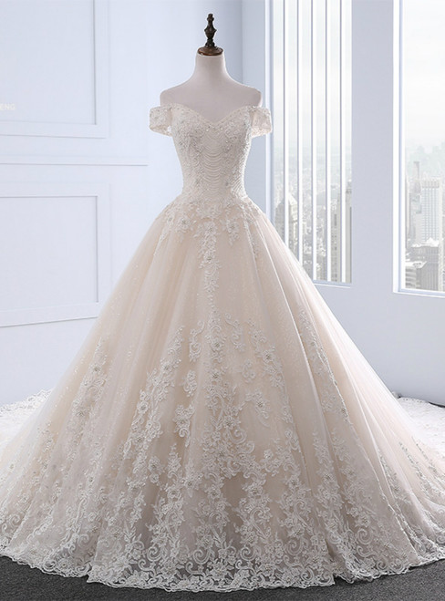 Champagne Ball Gown Tulle Appliques Long Sleeve Backless Wedding Dress