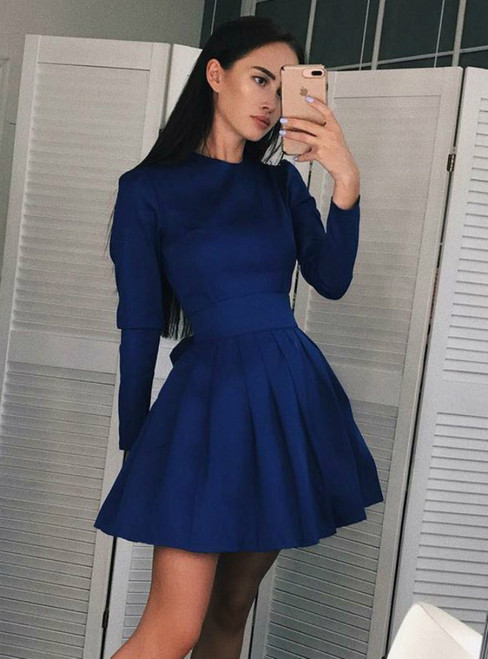 A Line Jewel Pleated Blue Short Satin Long Sleeve Homecoming Dress