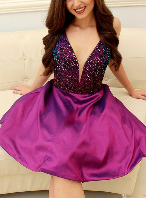 V-Neck Purple Short Prom Homecoming Dress With Beading
