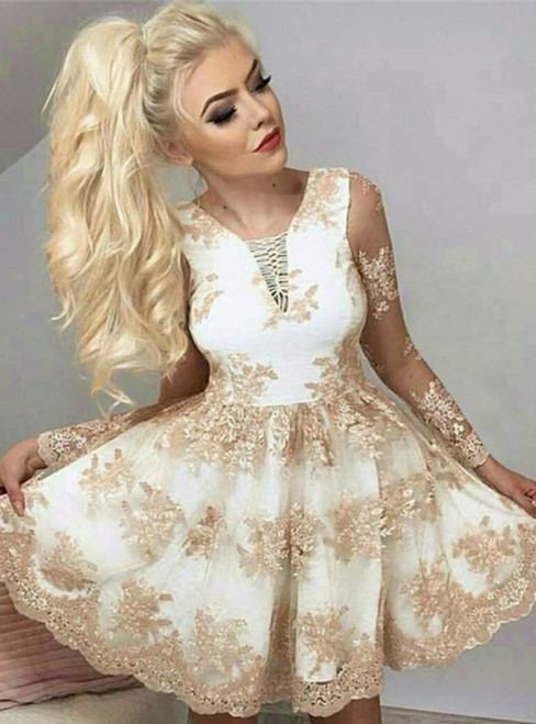 A-Line Champagne Lace Appliques Long Sleeve Homecoming Dress