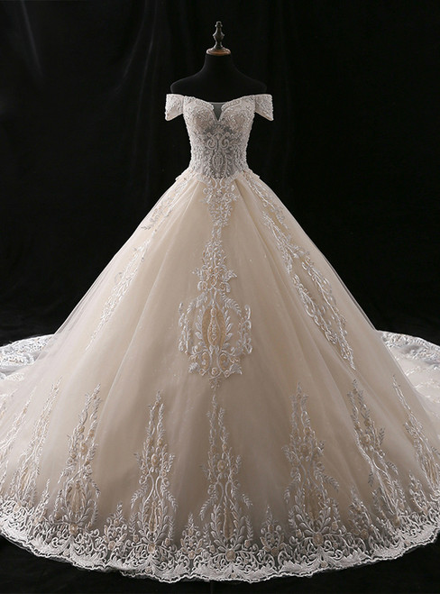Ball Gown Champagne Off The Shoulder Tulle Appliques Wedding Dress