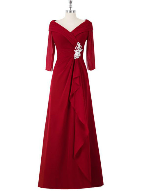 A Line Red Full Sleeve V-Neck Long Mother of the Bride Dresses