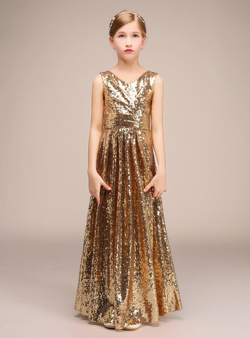 A-Line Gold Sequins V-neck Floor Length Flower Girl Dress