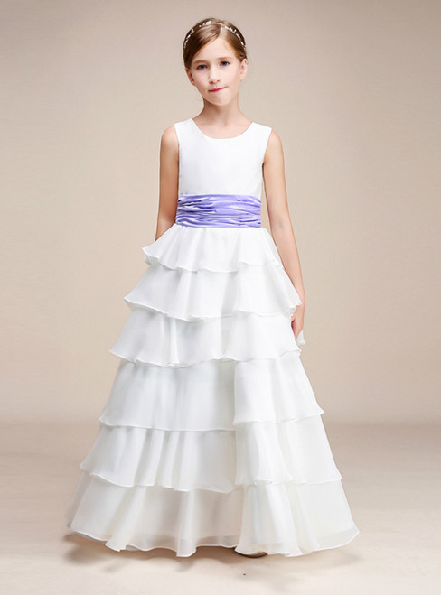 A-Line White Chiffon Ruffle With Flower Floor Length Girl Dress