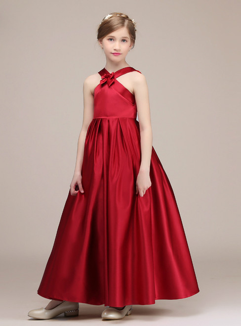 A-Line Red Halter Satin Sleeveless ankle Length Flower Girl Dress